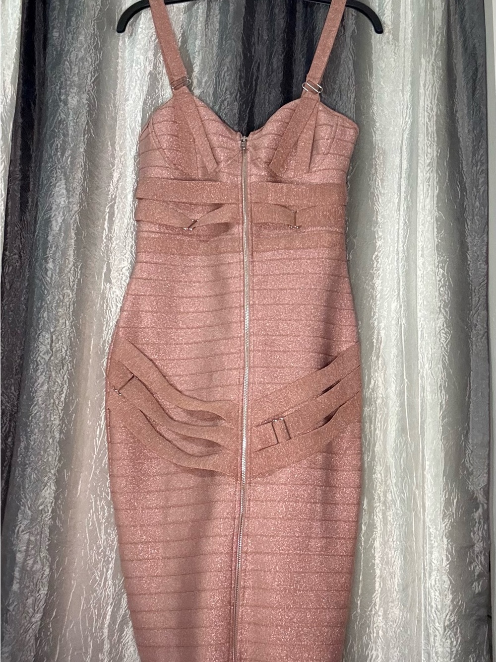 SHEIN Shimmery Rose Pink Bandage Midi Dress with Front Zip